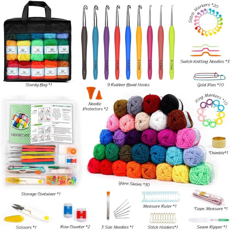 103 count Crochet Kit with Crochet Hooks Yarn Set, Premium Bundle Includes 1650 Yards  Yarn Skeins Balls, , Accessories, Bag, Ideal Starter Pack for  Adults Beginner Professionals