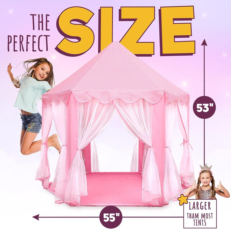 Princess Castle Playhouse Tent for Girls with LED Star Lights – Indoor & Outdoor Large Kids Play Tent for Imaginative Games – ASTM Certified, 230 Polyester Taffeta. Pink 55