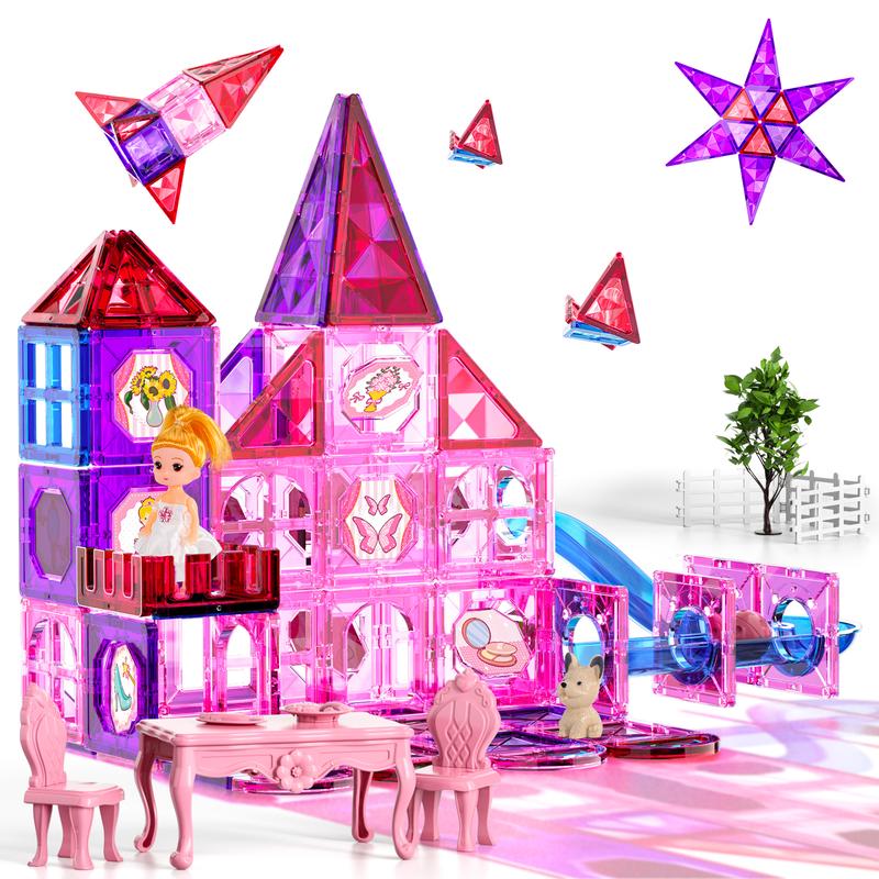 Magnetic Building Tiles with Dolls Princess House Toys, Birthday Gifts, Building Stem Toys