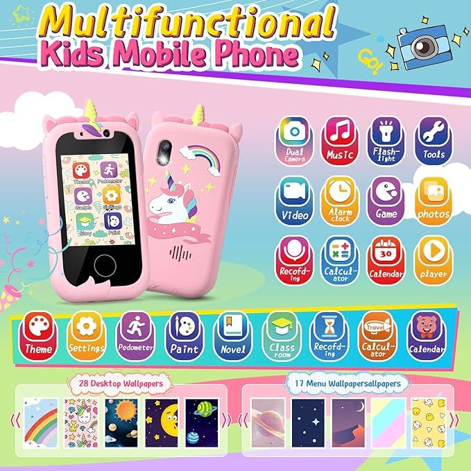 Smartphone Unicorn Gift Girl's Toy 8-10 Year Old Phone Touchscreen Learning Toy Christmas Birthday Gift Suitable for 3 4 5 6 7 8 9 Year Old Girls, Comes with SD Card