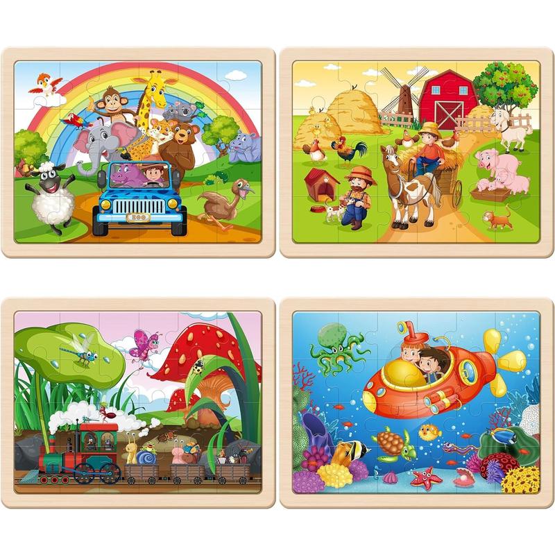 SYNARRY Wooden Puzzles for Kids Ages 4-8, 4 Packs 24 PCs Wood Jigsaw Puzzles Preschool Educational Brain Teaser Boards Toys, Zoo Farm Insect Sea Animals, Children Gifts for 4-8 Year Old Boys Girls