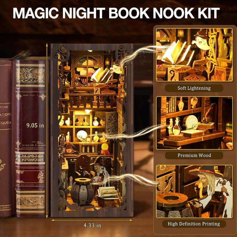 Book Nook Kit, DIY Miniature House Kit with Dust Cover LED Light 3D Wooden Puzzle Bookends Crafts Bookshelf Decoration Gift for Adults and Teens (Magic Night)