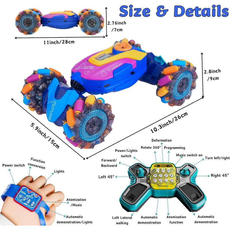 4WD Gesture Sensing RC Stunt Car, 2.4GHz Remote Control Car with Music & Colorful Light, 360? Rotation RC Cars Transform Car Toys, Birthday Gift for Boys Kids 6-12 Years-Purple