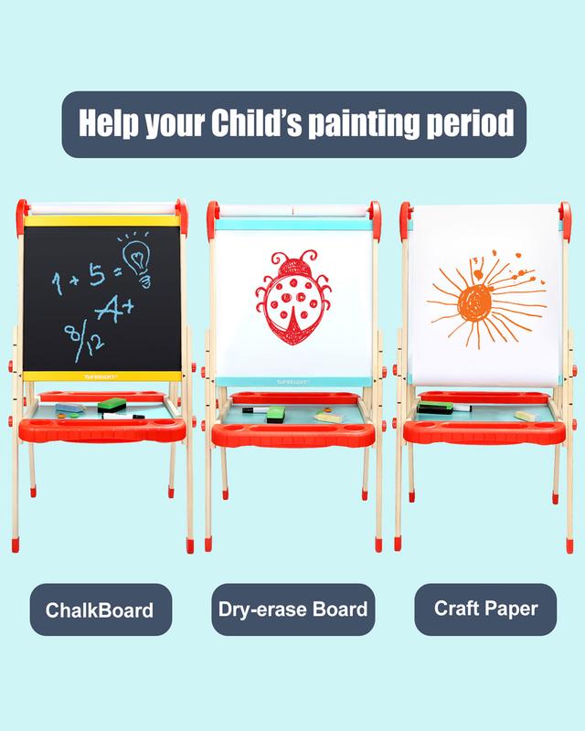 TOP BRIGHT Wooden Art Easel for Kids, Toddler Easel Adjustable with Painting Whiteboard, Child Easel with Magnetic Blackboard，Suitable for ages 3+