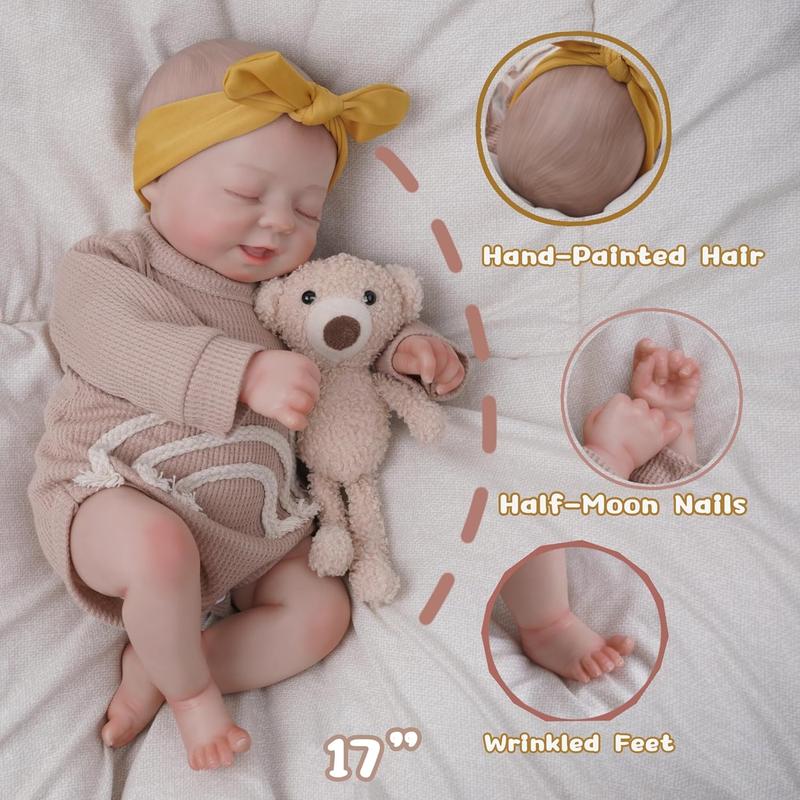 BABESIDE Lifelike Reborn Baby Dolls - 17 inch Soft Body Realistic Newborn Baby Doll Sweet Sleeping Real Life Baby Doll Girl with Feeding Kit Accessories Set Gift for Kids Age 3+