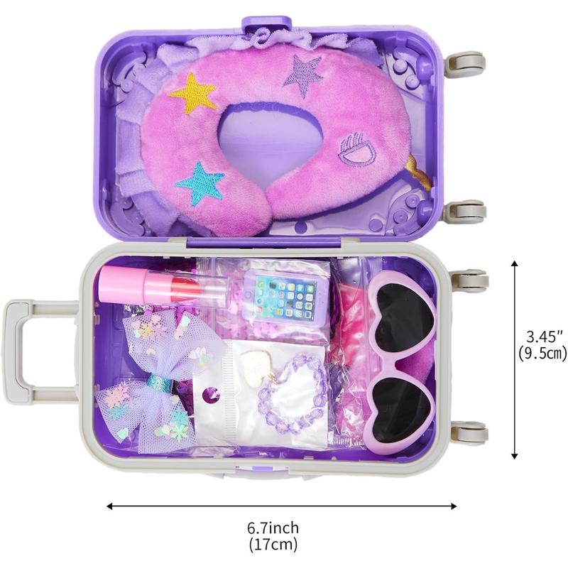 DONTNO 29 Pcs American Doll Clothes and Accessories, Cute Travel Play Set fit 18 Inch Doll with Purple Clothes Suit, Unicorn Suitcase, Handbag, Lipstick, Camera, Sunglasses for Kids