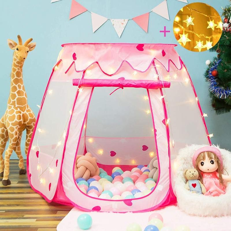 Christmas gift Pop Up Princess Tent with Star Light, Toys for 1 2 3 Year Old Girl Birthday Gift, Ball Pit for 12-18 Months Baby Girl Toys, Toddler Girl Gift, Easy to Pop Up and Assemble(Pink)