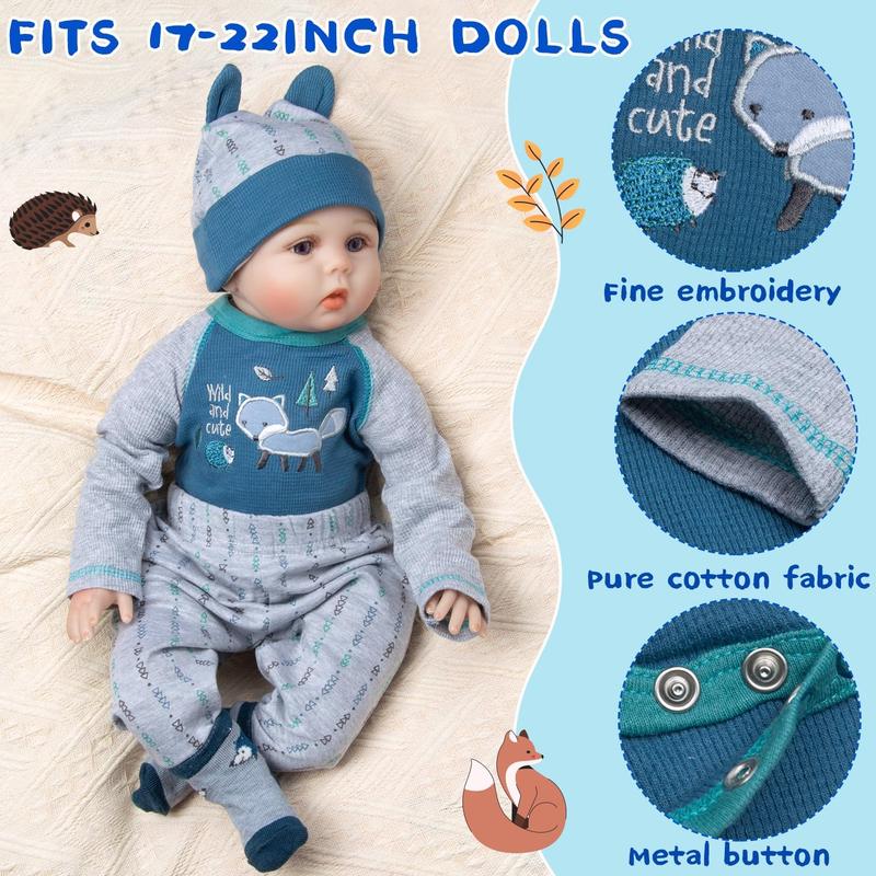 PEDOLLTREE Reborn Baby Doll Clothes Outfit Accessories Blue Little Fox Set 8 Pcs Set for 17-22 Inch Reborn Doll Newborn Boy with Backpack Diaper