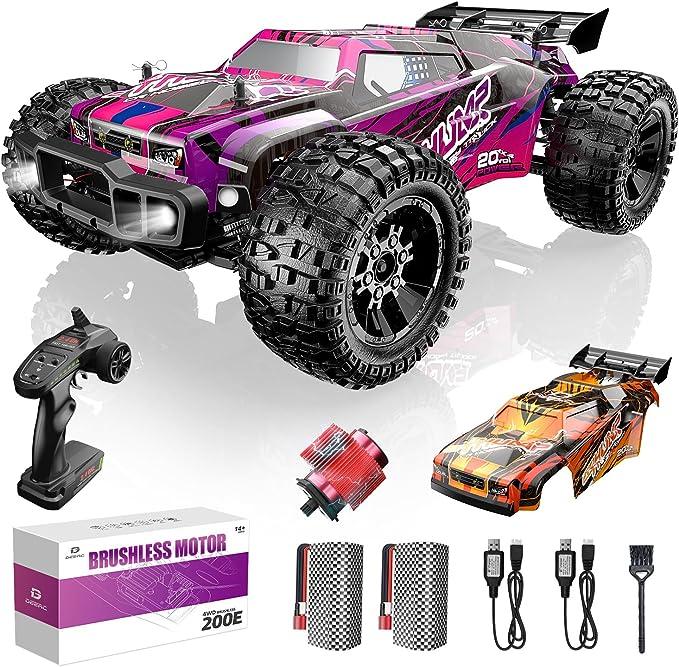 DEERC 200E 1:10 Large 3S Brushless High Speed RC Cars for Adults, 4X4 Fast RC Trucks W Extra Shell LED Headlight, 60 KM H, All Terrain Remote Control Car, Offroad Monster Truck for Boys,2 Battery