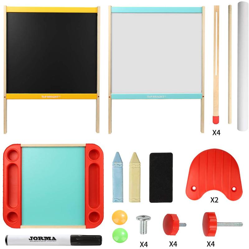 TOP BRIGHT Wooden Art Easel for Kids, Toddler Easel Adjustable with Painting Whiteboard, Child Easel with Magnetic Blackboard，Suitable for ages 3+