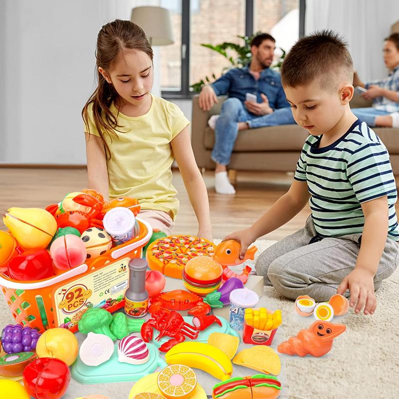 92PCS Cutting Play Food Toy for Kids Kitchen,Play Kitchen Food with Vegetables & Fruit Shopping Basket Pretend play