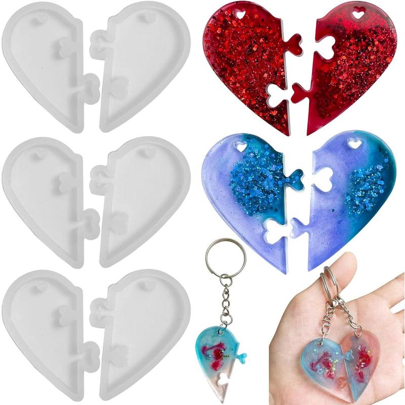 Szecl 3Pcs Heart Puzzle Keychain Silicone Mold Couples Pendant Heart Lover Puzzle Resin Casting Mold with Hole for DIY Jewelry Making Tool Jigsaw Epoxy Resin Necklace Craft Valentine Mother's Day Gift