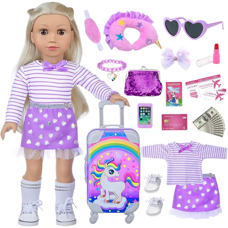 DONTNO 29 Pcs American Doll Clothes and Accessories, Cute Travel Play Set fit 18 Inch Doll with Purple Clothes Suit, Unicorn Suitcase, Handbag, Lipstick, Camera, Sunglasses for Kids