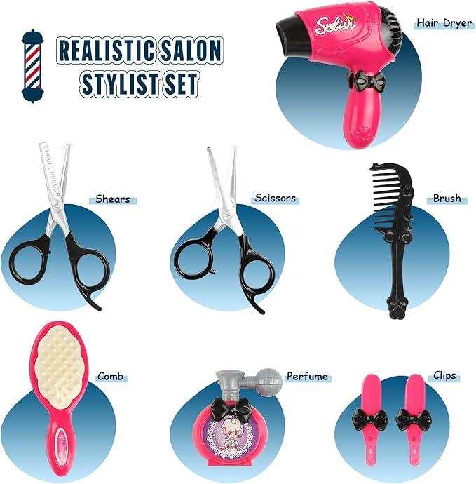 NEOBIOO Girls Beauty Salon Set Gifts with Dryer,Barber Apron,Scissors and Dress Up Stylist and Styling Accessories