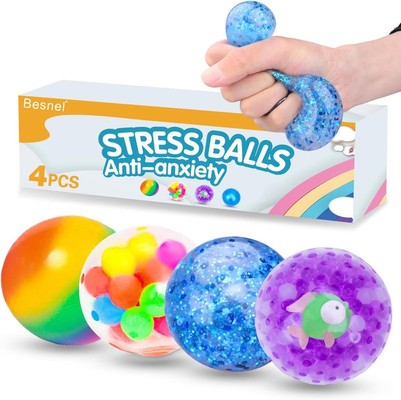 Sensory Stress Balls Set - 4 Pack Squishy Squeeze Balls for Stress Relief, Autism, Hyperactivity & Entertainment for Adults