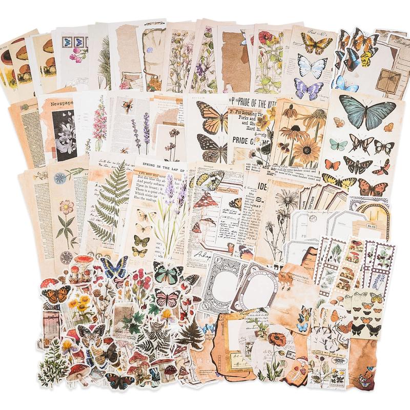 Vintage Scrapbook Sticker, 200pcs set Botanical Paper Sticker, Craft Kit for Junk Journal Bullet Journals Planners, Aesthetic Cottagecore Collage Album