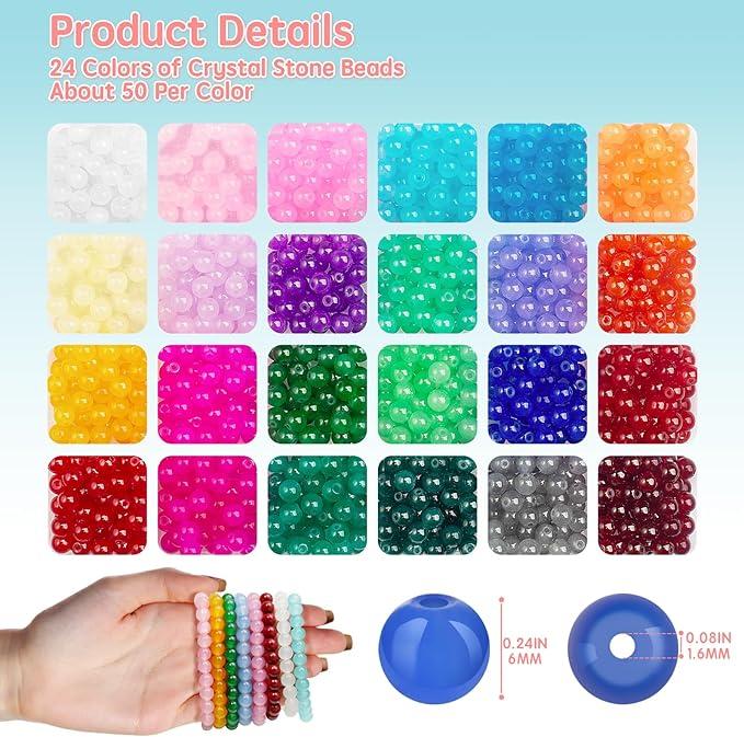 1200PCS 6mm Glass Beads for Jewelry Making Bracelets, 24 Colors Crystal Beads Round Beads Bracelet Making Kit DIY Craft