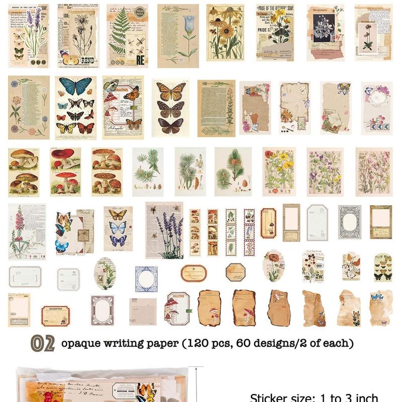 Vintage Scrapbook Sticker, 200pcs set Botanical Paper Sticker, Craft Kit for Junk Journal Bullet Journals Planners, Aesthetic Cottagecore Collage Album