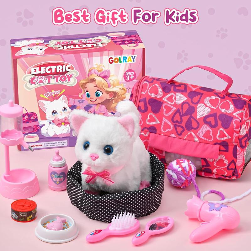 Golray Cat Toys for Kids Girls Gift, Electronic Interactive Plush Toy Cat Can Walk and Meow - 16 Pcs Carrier & Pet Groom Feed Care Pretend Play Set, Birthday Gift for Toddler Little Girl 3 4 5 6 7 8 9