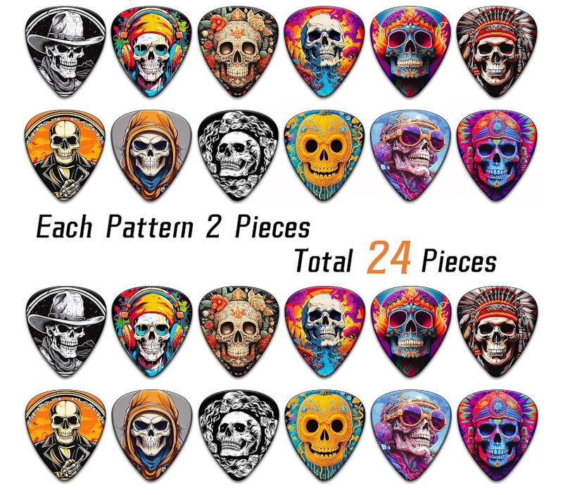 Guitar Picks,24 Pack Medium Guitar Pick Personalized,Skull Guitar Picks Variety Pack,Guitar Picks for Acoustic Guitar, Electric Guitar,Bass Guitar Accessories Gifts for Men(Mix-10)