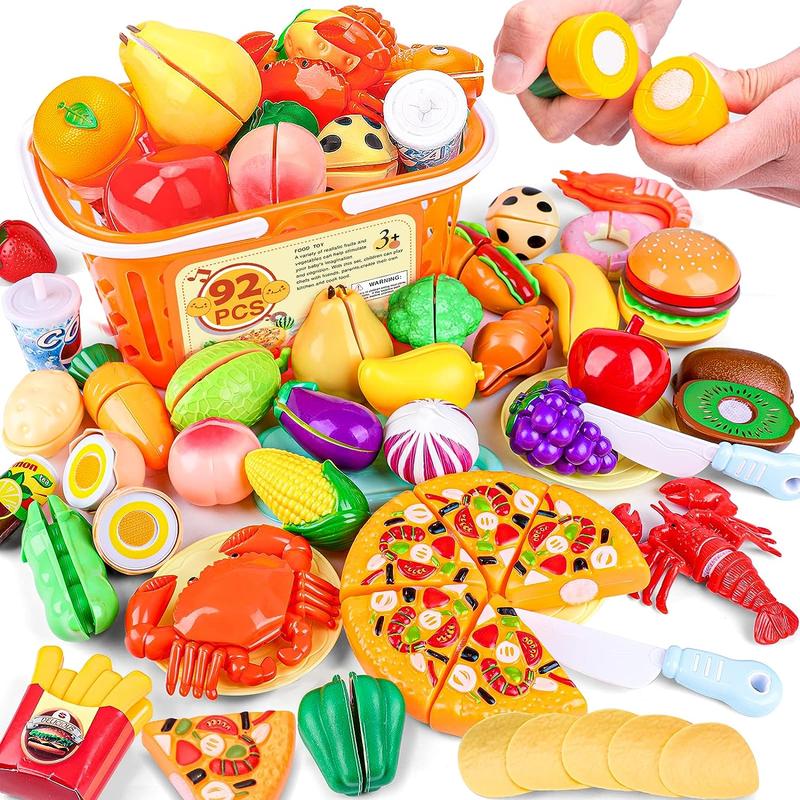 92PCS Cutting Play Food Toy for Kids Kitchen,Play Kitchen Food with Vegetables & Fruit Shopping Basket Pretend play