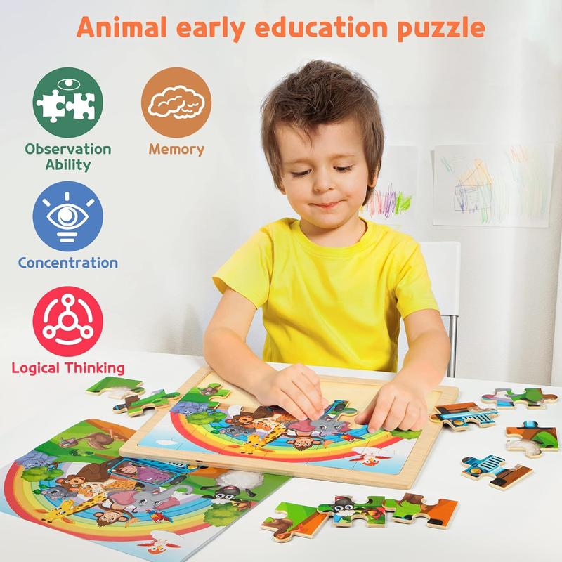 SYNARRY Wooden Puzzles for Kids Ages 4-8, 4 Packs 24 PCs Wood Jigsaw Puzzles Preschool Educational Brain Teaser Boards Toys, Zoo Farm Insect Sea Animals, Children Gifts for 4-8 Year Old Boys Girls