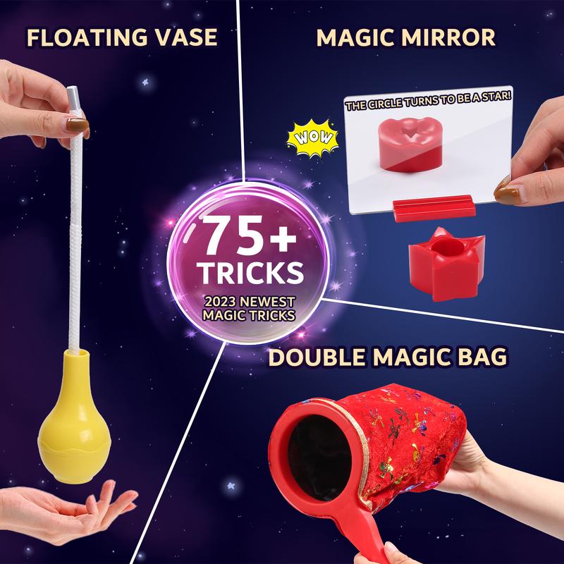 Magic Kit-75+ Magic Tricks for People,Perfect Magic Toys,Featuring with Floating Vase,Double Magic Bag,Magic Mirror-Great Birthday Gifts