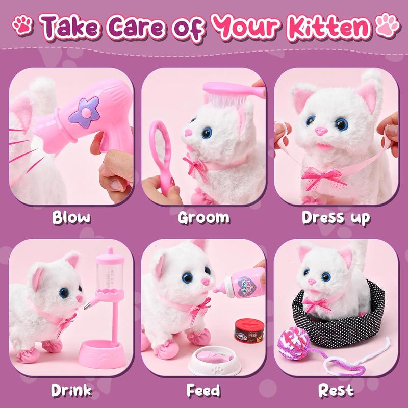 Golray Cat Toys for Kids Girls Gift, Electronic Interactive Plush Toy Cat Can Walk and Meow - 16 Pcs Carrier & Pet Groom Feed Care Pretend Play Set, Birthday Gift for Toddler Little Girl 3 4 5 6 7 8 9