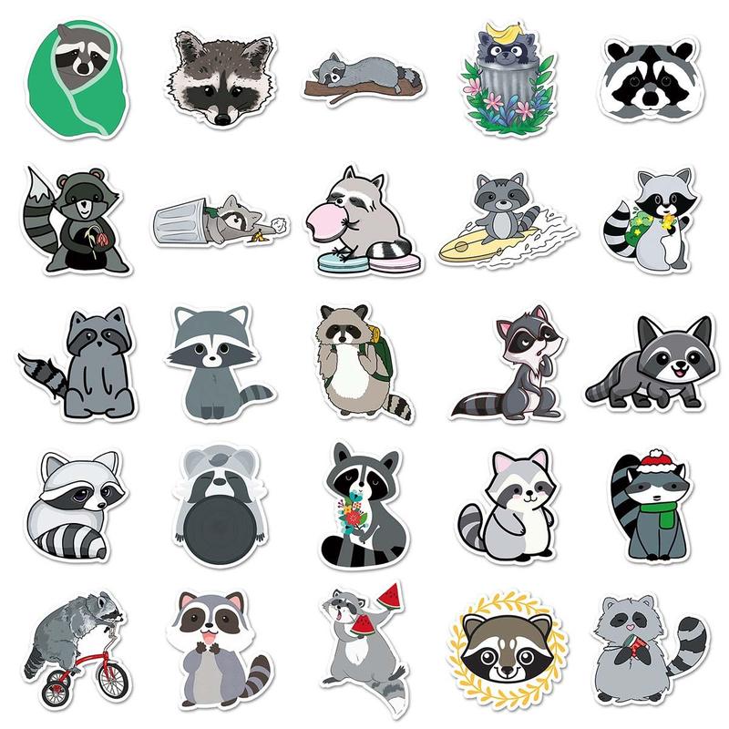 Cartoon Raccoon Sticker, 50pcs Scrapbooking & Journal Making Material Paper, PVC Waterproof DIY Decorative Sticker for Stationery Computer Water Bottle