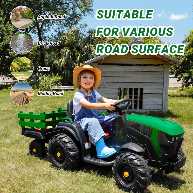 ELEMARA 24V 9AH Ride on Tractor with Easy Detachable Trailer, 400W Motors Ride on Toys for Big Kids, Ride on Car with All-Terrain Capability, 3-Point Seat Belt for Ages 3+, Max 4.5 mph, Music