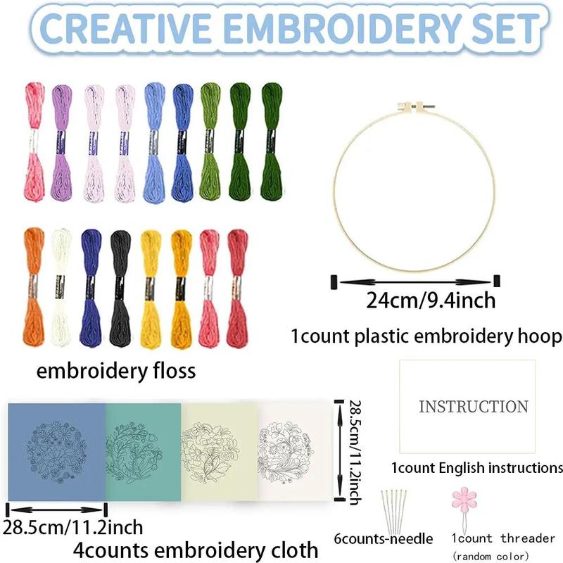 Floral Pattern Embroidery Kit, 4 Counts set DIY Embroidery Kit Supplies with Random Color Tools, Embroidery Starter Kit for Beginners