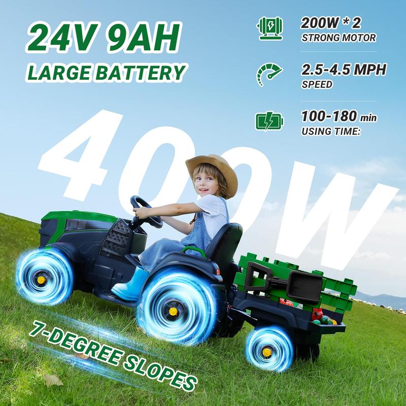 ELEMARA 24V 9AH Ride on Tractor with Easy Detachable Trailer, 400W Motors Ride on Toys for Big Kids, Ride on Car with All-Terrain Capability, 3-Point Seat Belt for Ages 3+, Max 4.5 mph, Music