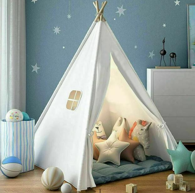 Teepee Tent , Natural Cotton Canvas Teepee Play Tent Beige White