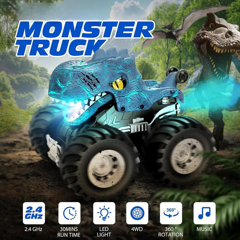 Remote Control Monster Trucks Car, 360? Rotating RC Cars for Boys, 2.4GHz Dinosaur Toys with Spray, Light & Sound, Toys for Kids 6 7 8 Year Olds, Gift for Boys and Girls