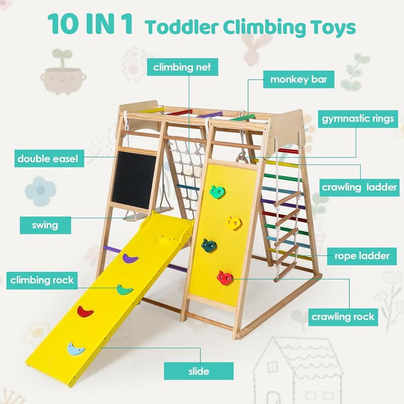 10-in-1 Kids Wooden Climbing Toys, Toddler Jungle Gym w Drawing Board, Slide, Climbing Rock & Net, Ladder, Monkey Bars, Swing, Gymnastic Rings, Indoor Playground Climber Set, Rainbow