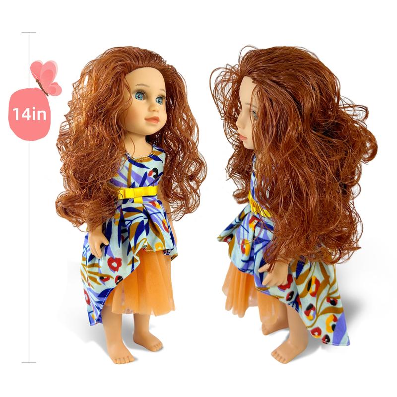 Lepood 14 Inch American Doll For Girls, Sweet & Realistic Doll, Blue Eyes, Colorful Dress, Brown Curly Hair, Ideal Gift For Birthdays with Box