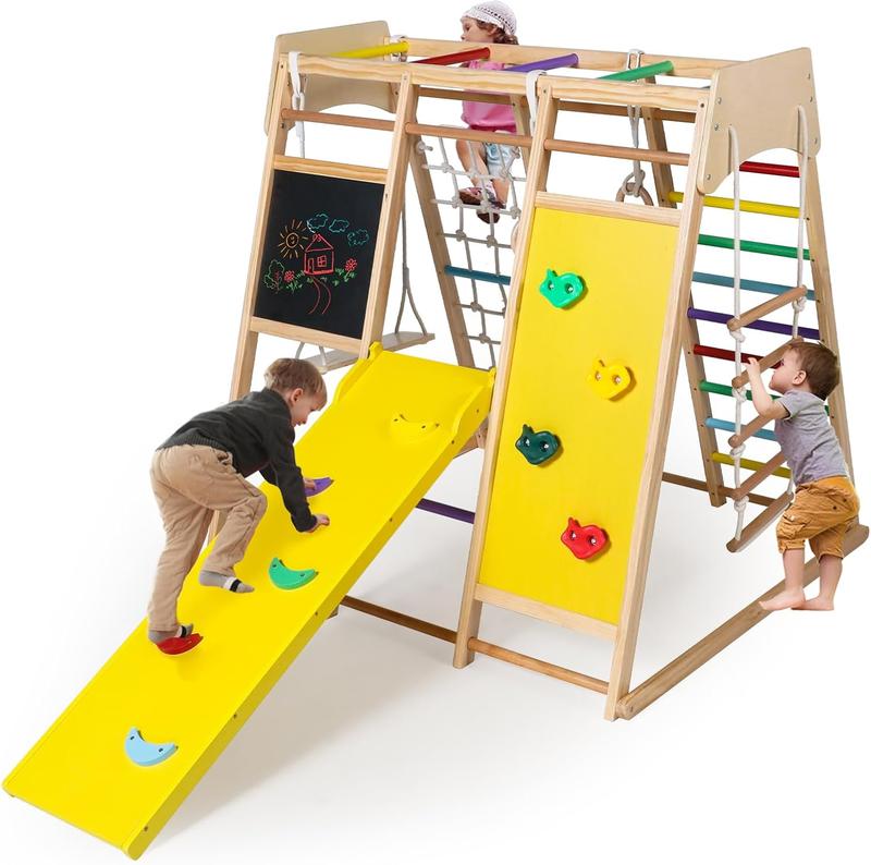 10-in-1 Kids Wooden Climbing Toys, Toddler Jungle Gym w Drawing Board, Slide, Climbing Rock & Net, Ladder, Monkey Bars, Swing, Gymnastic Rings, Indoor Playground Climber Set, Rainbow