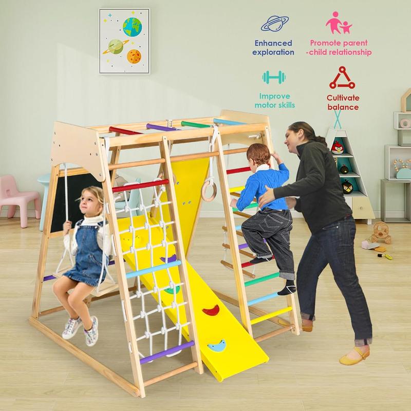 10-in-1 Kids Wooden Climbing Toys, Toddler Jungle Gym w Drawing Board, Slide, Climbing Rock & Net, Ladder, Monkey Bars, Swing, Gymnastic Rings, Indoor Playground Climber Set, Rainbow