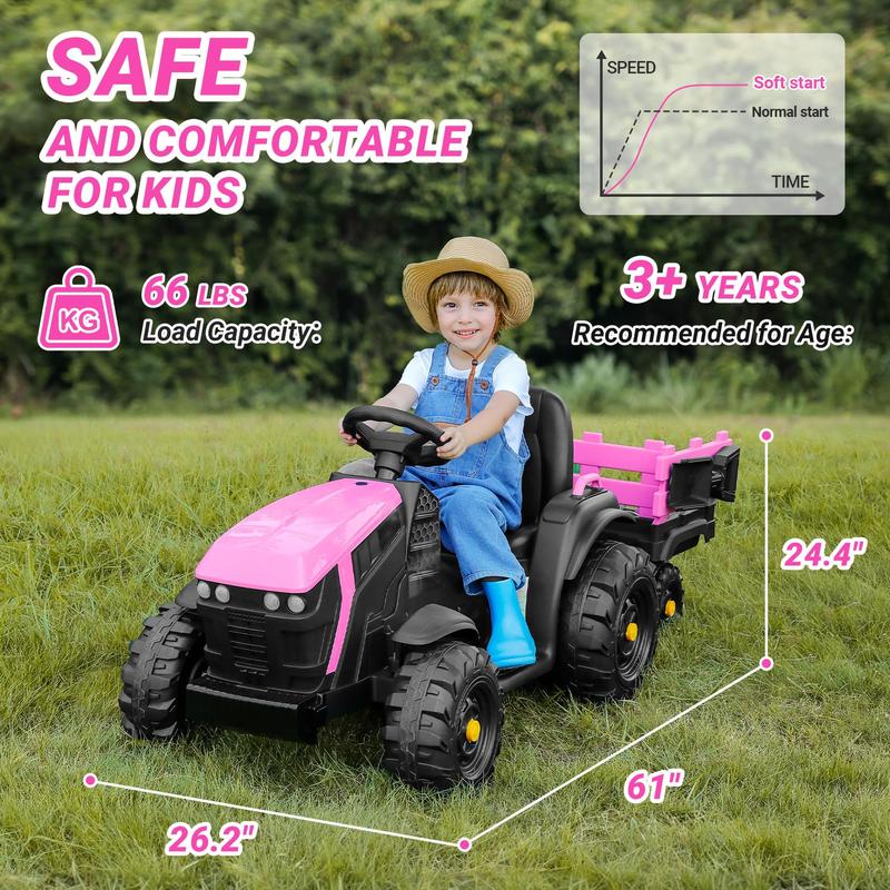 ELEMARA 24V 9AH Ride on Tractor with Easy Detachable Trailer, 400W Motors Ride on Toys for Big Kids, Ride on Car with All-Terrain Capability, 3-Point Seat Belt for Ages 3+, Max 4.5 mph, Music