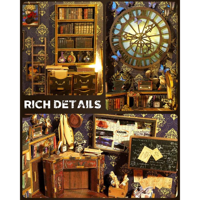 Book Nook Kit Detective Agency, DIY Booknooks Kit for Adults Teens with Sensor Lights, Bookshelf Diorama Miniature Scenes Insert Decor, 3D Wooden Puzzle Miniature House Kit Gifts