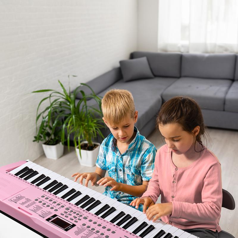 61 Key Lighting Keyboard with Piano Stand, Piano Bench, Built In Speakers, Headphone, Microphone, LED Screen, 3 Teaching Modes for Beginners