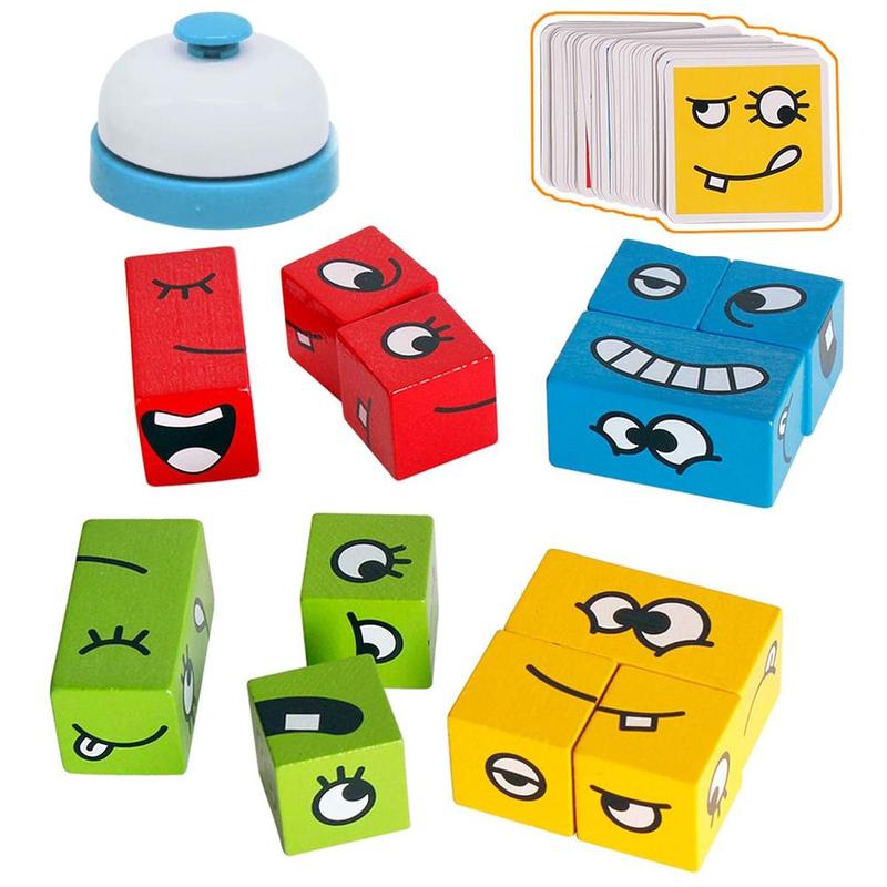 Wooden Face Changing Magic Cube Building Blocks Game Matching Expression Puzzle Toy Board Games for Family Night