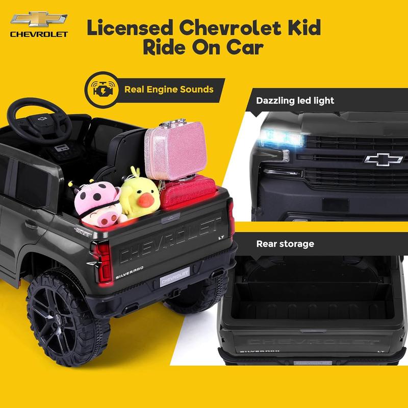 FUNTOK 12V Kids Ride On Truck Car with Back Storage, Remote Control, LED Lights and MP3 Music, Kids Silverado Trail Boss LT Electric Truck