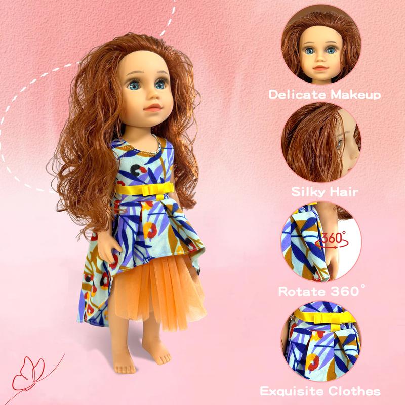 Lepood 14 Inch American Doll For Girls, Sweet & Realistic Doll, Blue Eyes, Colorful Dress, Brown Curly Hair, Ideal Gift For Birthdays with Box