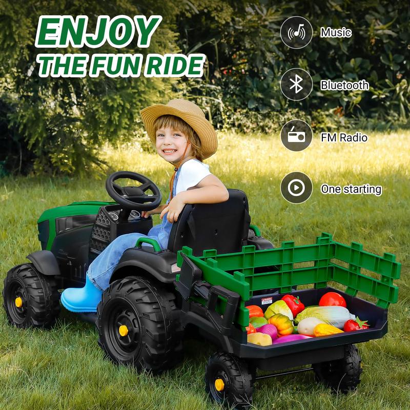 ELEMARA 24V 9AH Ride on Tractor with Easy Detachable Trailer, 400W Motors Ride on Toys for Big Kids, Ride on Car with All-Terrain Capability, 3-Point Seat Belt for Ages 3+, Max 4.5 mph, Music