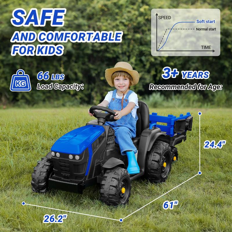 ELEMARA 24V 9AH Ride on Tractor with Easy Detachable Trailer, 400W Motors Ride on Toys for Big Kids, Ride on Car with All-Terrain Capability, 3-Point Seat Belt for Ages 3+, Max 4.5 mph, Music