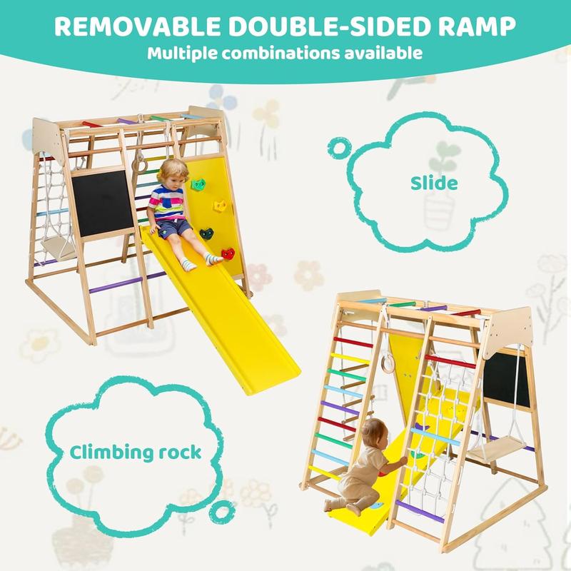 10-in-1 Kids Wooden Climbing Toys, Toddler Jungle Gym w Drawing Board, Slide, Climbing Rock & Net, Ladder, Monkey Bars, Swing, Gymnastic Rings, Indoor Playground Climber Set, Rainbow