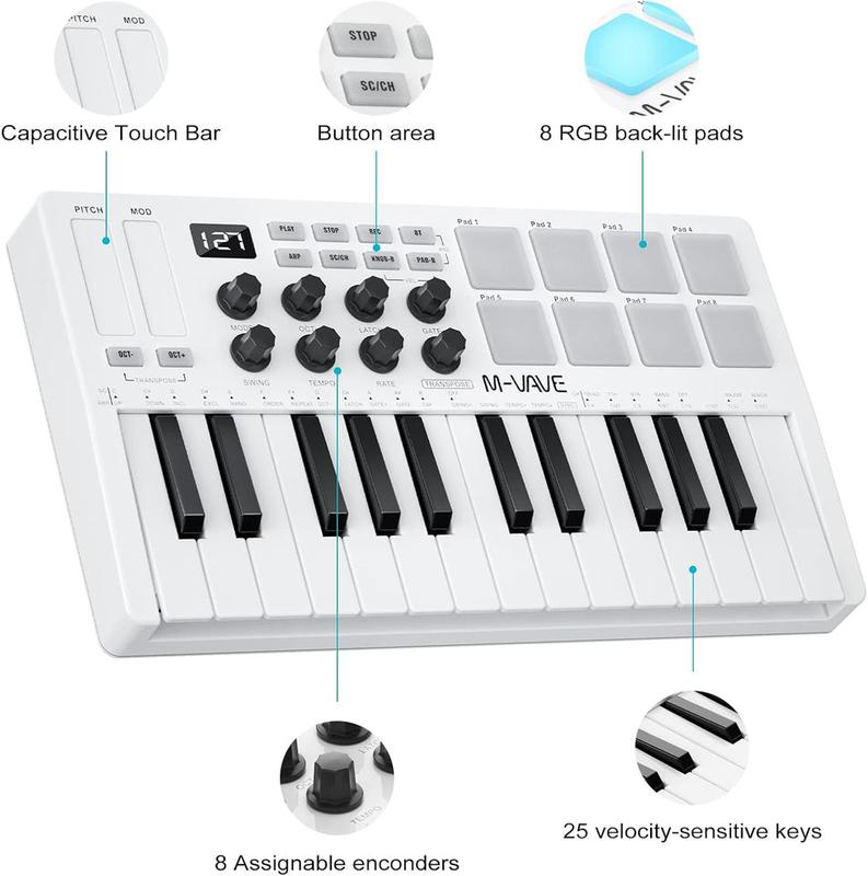 M-WAVE 25-Key MIDI Keyboard - Velocity Sensitive Keys, 8 RGB Backlit Pads, 8 Knobs, USB Connected, Software Included