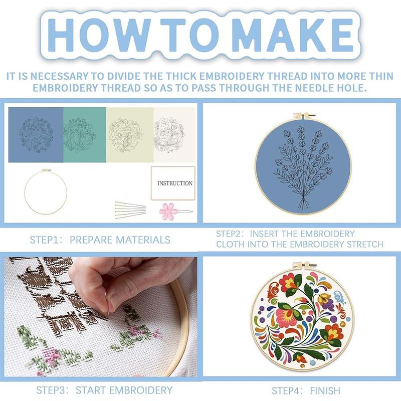 Floral Pattern Embroidery Kit, 4 Counts set DIY Embroidery Kit Supplies with Random Color Tools, Embroidery Starter Kit for Beginners