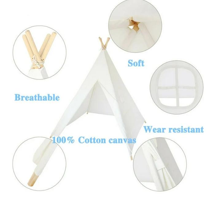 Teepee Tent , Natural Cotton Canvas Teepee Play Tent Beige White